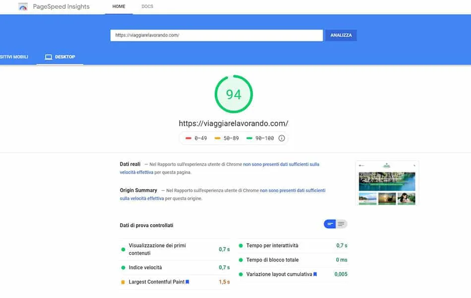 page speed risultati viaggiarelavorando